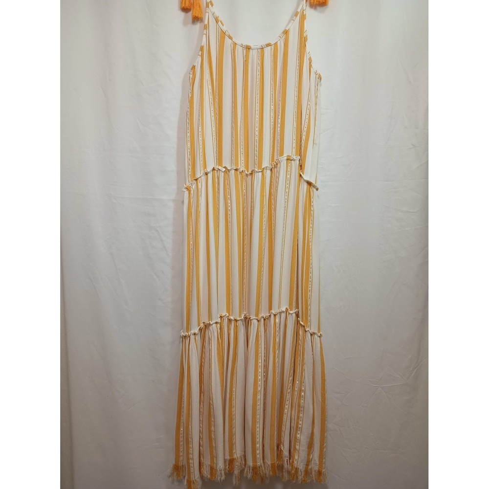 Blue Island Mustard Yellow Striped Maxi Dress Metallic Gold Beach Wear Boho M - Picture 6 of 6